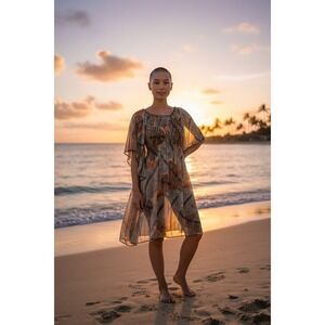 Cha Cha Vente Tropical Palm Leaf Smocked Dress Sheer Swim Coverup Large Boho 35"